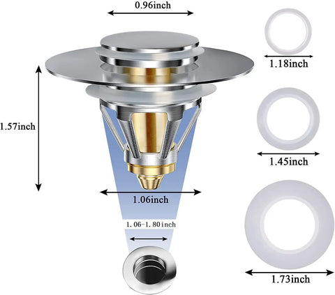 Diagram of 2 Pack Universal Bathroom Sink Stopper Pop Up Drain Plug With Basket Strainer, Fits 1.06 To 1.80 Inch Drain Holes, dimensions labeled