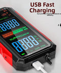 Rechargeable USB-C Digital Multimeter Workhorse Pro Grade With 6000 Counts And An 8 Inch Backlit Screen showing USB charging
