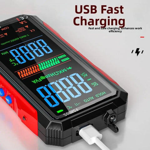 Rechargeable USB-C Digital Multimeter Workhorse Pro Grade With 6000 Counts And An 8 Inch Backlit Screen showing USB charging