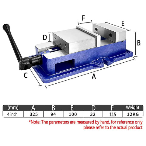 Top Shelf Badass 4 Inch Precision Milling Vise For Cnc And Drill Press with dimensions, cast iron frame and swivel base.