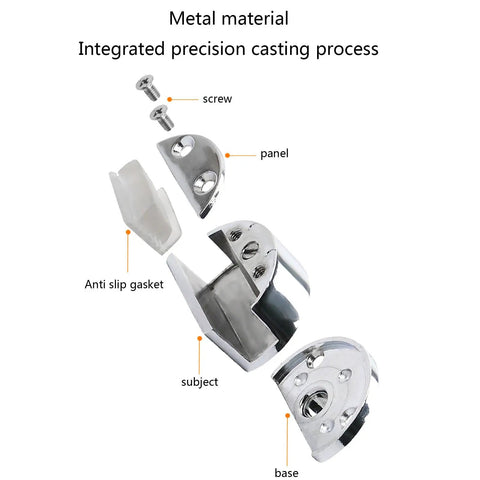 Exploded view of no drilling glass door hinges with zinc alloy single clamp pivot for easy install and durable operation.