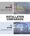Installation comparison of a plain gas tank cover and a Funny Gas Gauge Car Sticker, Hilarious Gas Tank Vinyl Decal With Little Man Tugging The Needle, Waterproof Universal Auto Decor For Sedan, SUV, Truck, Motorcycle, White Durable Vinyl.