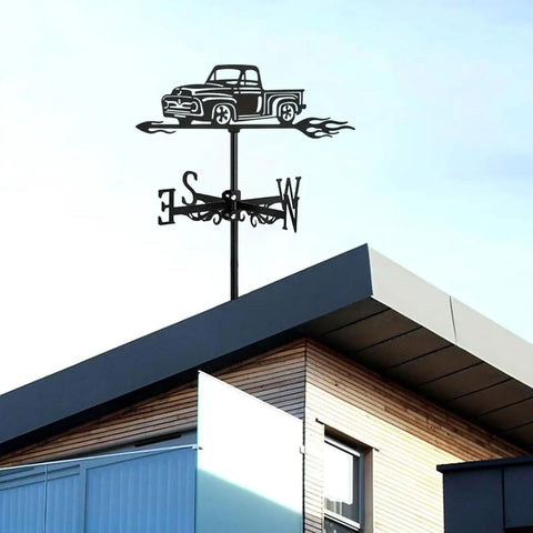 Black Metal Pickup Truck Weathervane Ornament on roof for Outdoor Yard Decor Wind Direction Indicator Easy Install Iron Craft