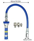 Quick Lock Grease Coupler Adapter Extensions For Grease Fittings with blue hose and steel fittings, dimensions labeled.