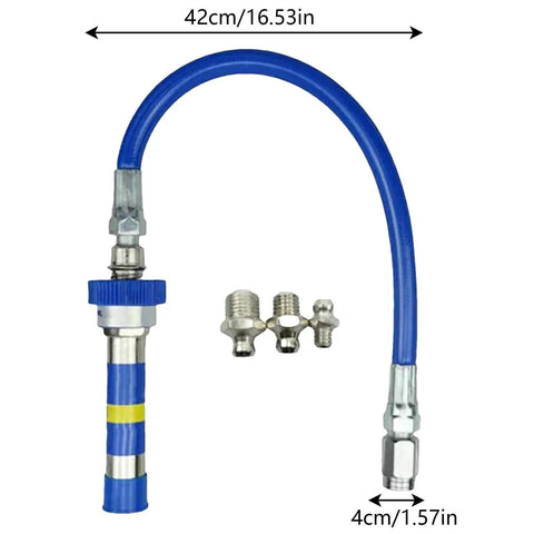 Quick Lock Grease Coupler Adapter Extensions For Grease Fittings with blue hose and steel fittings, dimensions labeled.