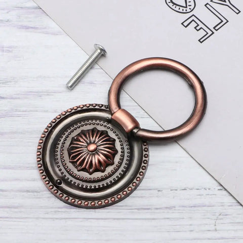 Close-up of a 5 Pack Round Vintage Cabinet Drawer Pull Handle with Red Bronze Finish, Dope Vintage Look, 47mm Diameter Metal Knob Ring.