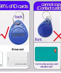Comparison of blue RFID fobs and different card types for cloning and restrictions using Handheld 125KHz RFID Reader Writer Copy Tool.