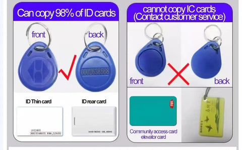 Comparison of blue RFID fobs and different card types for cloning and restrictions using Handheld 125KHz RFID Reader Writer Copy Tool.