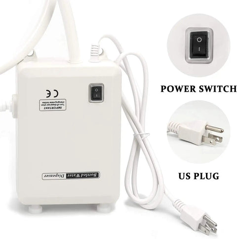 Bottled Water Dispenser Pump System with 20 Foot Reach, 110V AC US Plug, Single Inlet, details of power switch and plug