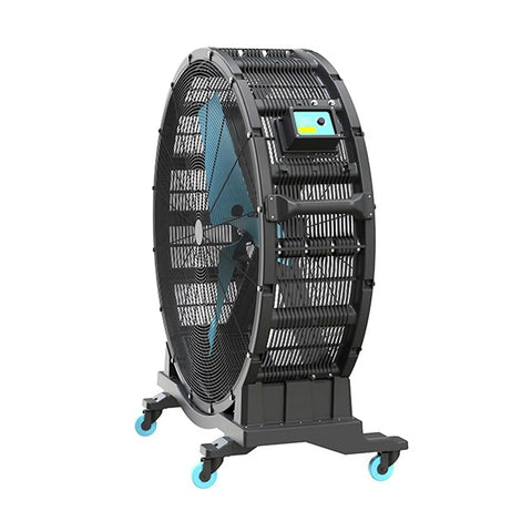 Heavy Duty Industrial Shop Fan With Tough Roll Cart Base And Flexible Tilt Head Kicks Up Serious Airflow To Blast Cooling Breezes Through Busy Workspaces Right Now on a wheeled cart.