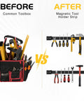 Comparison of a common toolbox versus a wall-mounted 12 Inch Magnetic Tool Holder Strip Set of 5 for Garage Organization with tools.