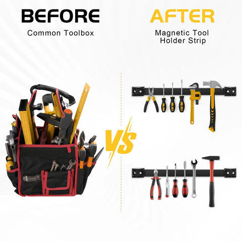 Comparison of a common toolbox versus a wall-mounted 12 Inch Magnetic Tool Holder Strip Set of 5 for Garage Organization with tools.