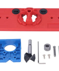 Pro 35mm Hinge Hole Saw Jig Set With ABS Cabinet Locator For Door Installers, red and blue components displayed for woodworking.