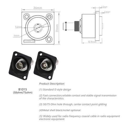 BNC Female Socket Adapter Panel Mount Chassis Connector D Type Solderless Video Jack 50 Ohm 75 Ohm Black For Pro Video Gear High Frequency Signals Easy Insertion Secure Locking Industrial Use, black metal panel mount with dimensions