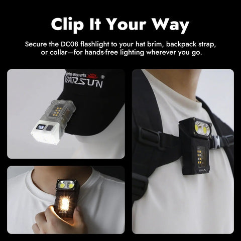 Rechargeable EDC Flashlight With Rotating Head clipped on hat and backpack for hands-free use.