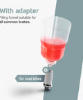 Funnel adapter filled with red fluid for All In One Shimano Hydraulic Brake Bleed Kit For Disc Brakes With 100 Ml Mineral Oil