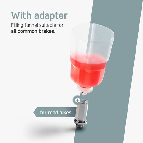 Funnel adapter filled with red fluid for All In One Shimano Hydraulic Brake Bleed Kit For Disc Brakes With 100 Ml Mineral Oil