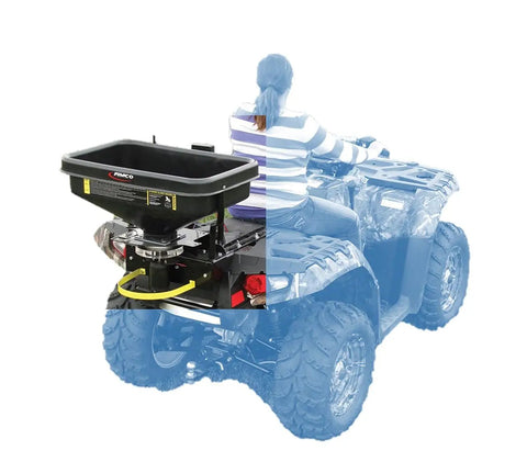 ATV Dry Material Spreader mounted on ATV with Polymer Hopper, showcasing adjustable slide gate and fan blades for precise distribution.