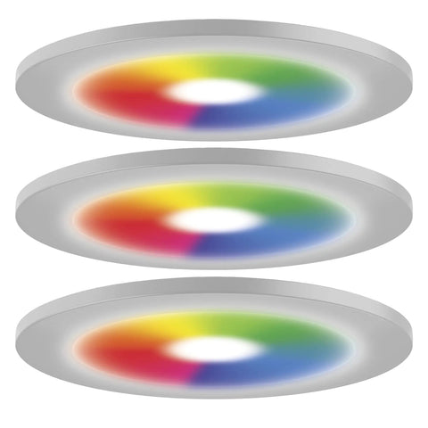 Cync Smart LED Wafer Downlights Kit 6 inch slim LED puck lights, color changing and white tones, 3 pack, no recessed housing, top view.
