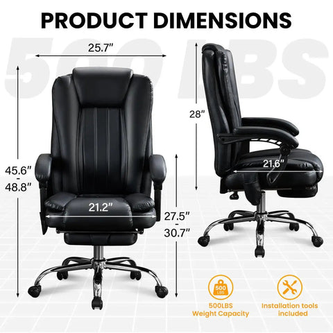 Six Point Vibration Heated Massage Office Chair With Foot Rest For Home Office And Gaming, dimensions and features displayed.