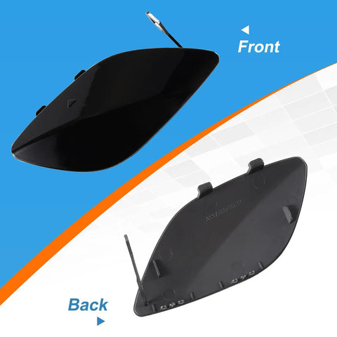 Front and back view of unpainted front bumper tow hook cover for CLA W117 2014 2015 2016 right passenger side A1178850622
