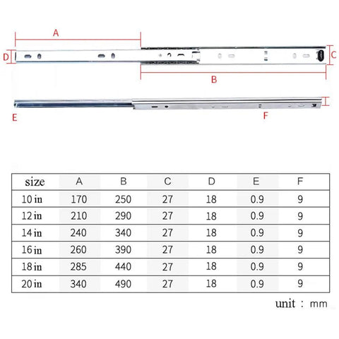 Dimensions chart for Stainless Steel Drawer Slides Two Way Soft Close Ball Bearing Track For Cabinets Heavy Duty 16 Inch Pack Of 2