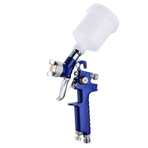 Score This Professional HVLP Mini Paint Spray Gun With A Precision 0 8 Mm Nozzle Kit featuring a clear cup and blue pneumatic body.