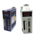 Front view of two servo drive units, blue and white, with red LCD displays and multiple D-sub connectors.