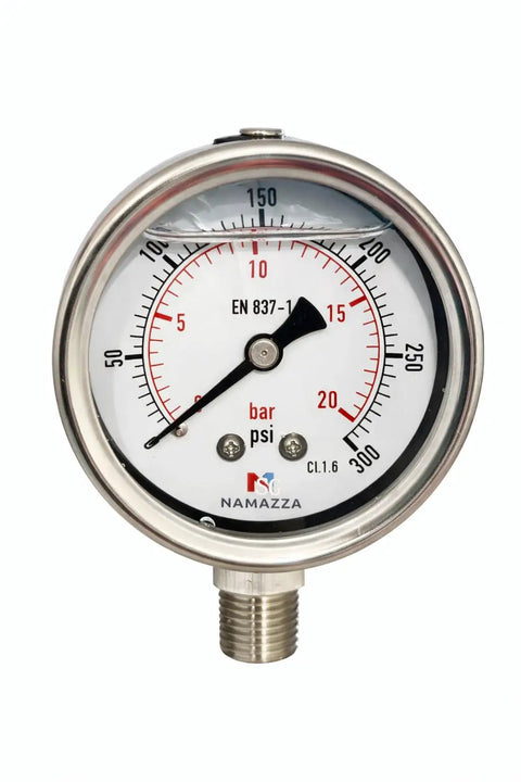 2.5 Inch Glycerin Filled Pressure Gauge 0 To 300 PSI 20 Bar With One Quarter Inch NPT Lower Mount, Stainless Steel Case