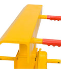 Close-up of the top of Heavy Duty Rugged Trailer Jack Stand With Slick Rolling Wheels, featuring red handles for easy adjustment.
