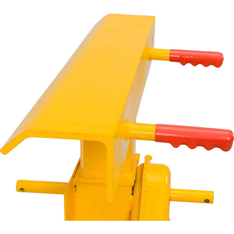 Close-up of the top of Heavy Duty Rugged Trailer Jack Stand With Slick Rolling Wheels, featuring red handles for easy adjustment.