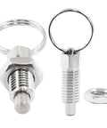 Six Pack Retractable Spring Plungers With Pull Ring M10 X 1.5 Thread Stainless Steel Non Lock-Out Knobs 58mm Length 24mm Ring Diameter close up view.