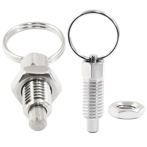 Six Pack Retractable Spring Plungers With Pull Ring M10 X 1.5 Thread Stainless Steel Non Lock-Out Knobs 58mm Length 24mm Ring Diameter close up view.