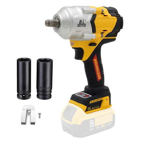 Beast 1000Nm Cordless Impact Wrench Half Inch Drive With Brushless Motor LED Light And Four Stage Torque Settings shown with attachments