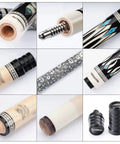 Close-up of Premium Pool Billiard Cue Crafted From Top Grade Maple Shaft With Comfortable Leather Handle showing details of shaft and joint.