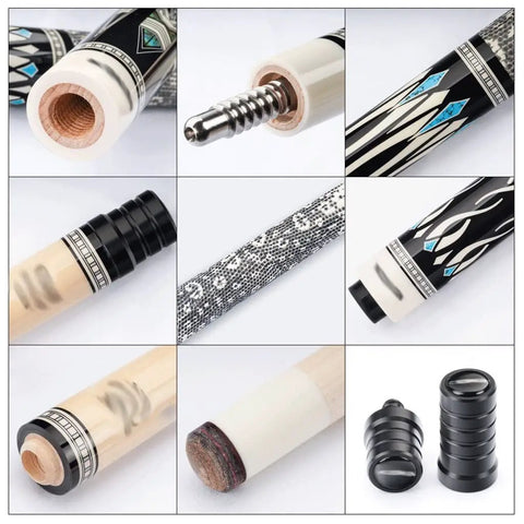 Close-up of Premium Pool Billiard Cue Crafted From Top Grade Maple Shaft With Comfortable Leather Handle showing details of shaft and joint.