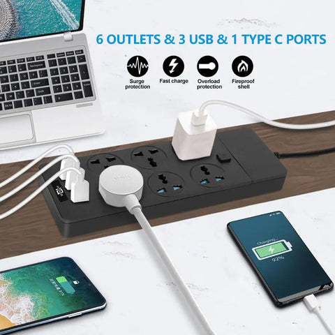 Universal Power Strip With 6 Outlets 3 USB Ports Plus 1 Type C Port Six Point Five Foot Extension Cord 3000 Watt Surge Protector 110V 250V Compatible For Home Office Dorm Room And Multi Device Charging shown charging devices in use.