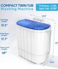 Compact Electric Washer And Dryer Combo Featuring Separate Wash And Spin Bins, No Sweat Gravity Drain, dimensions and features displayed.