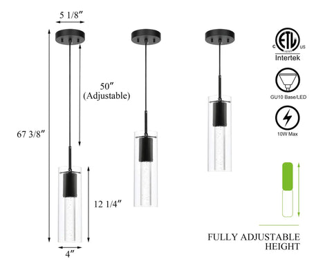 Dimensions and design of Black Pendant Light Fixture For Kitchen Island And Dining Table With Bubble Crystal Glass Shade And LED Bulb Included