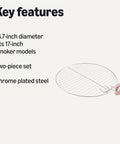 Top Shelf Replacement Cooking Grate For 16 Inch Charcoal Grill Chrome Plated Steel Round Grilling Rack Grid Two Pack shown with features.