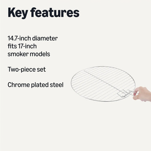 Top Shelf Replacement Cooking Grate For 16 Inch Charcoal Grill Chrome Plated Steel Round Grilling Rack Grid Two Pack shown with features.