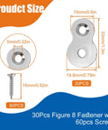 30Pcs Figure Eight Tabletop Fasteners With Sixty Countersunk Screws, 12 Gauge Zinc Coated Steel, sizes detailed.