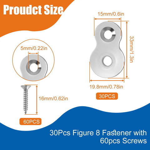 30Pcs Figure Eight Tabletop Fasteners With Sixty Countersunk Screws, 12 Gauge Zinc Coated Steel, sizes detailed.
