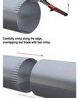 Five Blade Sheet Metal Crimper Hand Crimper for 24 to 28 Gauge Ductwork Downspout and Stove Pipe HVAC Tool in use on pipe