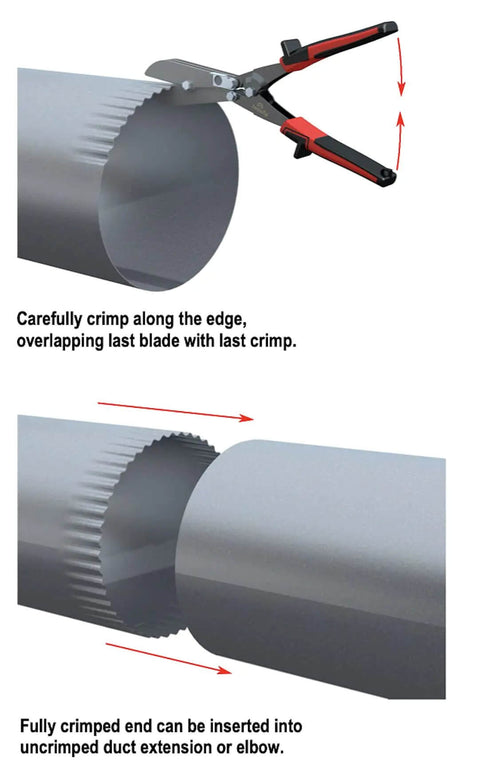 Five Blade Sheet Metal Crimper Hand Crimper for 24 to 28 Gauge Ductwork Downspout and Stove Pipe HVAC Tool in use on pipe