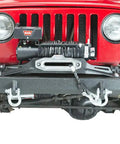 Front view of Jeep TJ with Beefy Offroad Winch Plate For Jeep TJ 1997 To 2006 Wrangler Steel Black Textured Powder Coat Piranha Series