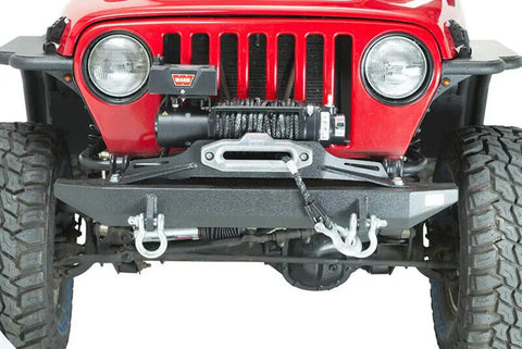 Front view of Jeep TJ with Beefy Offroad Winch Plate For Jeep TJ 1997 To 2006 Wrangler Steel Black Textured Powder Coat Piranha Series