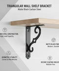 Sturdy Triangular Wall Shelf Bracket Made From Beefy Carbon Steel For Floating Shelves, Matte Black Finish, wall mount support