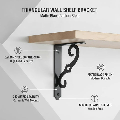 Sturdy Triangular Wall Shelf Bracket Made From Beefy Carbon Steel For Floating Shelves, Matte Black Finish, wall mount support