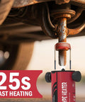 Solary induction heater bolt removal tool; red handheld unit clamped to a rusty bolt under a vehicle.